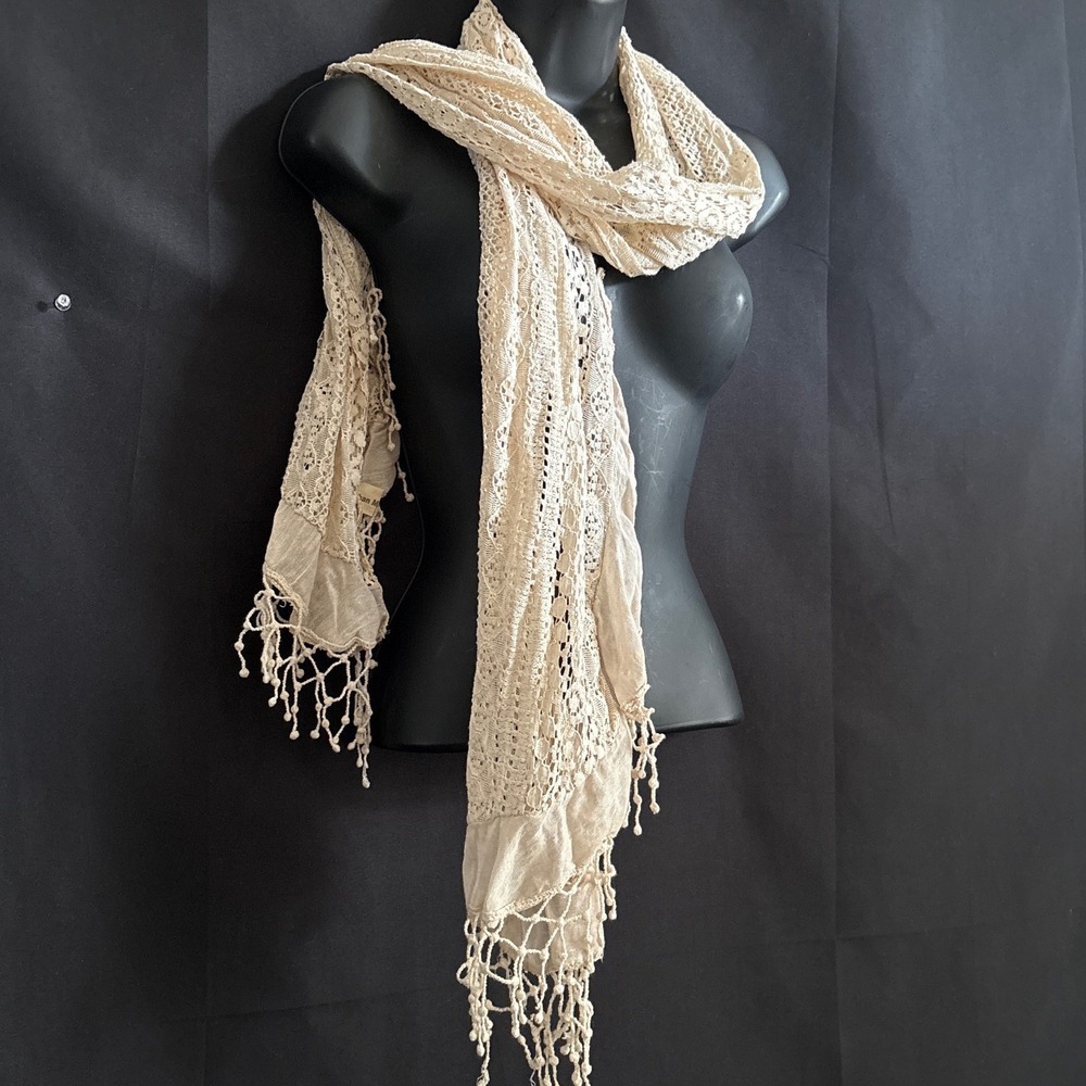 Urban Mango Scarf Cream Boho Crochet Lace Tassel Fringe Knit Festival Coastal